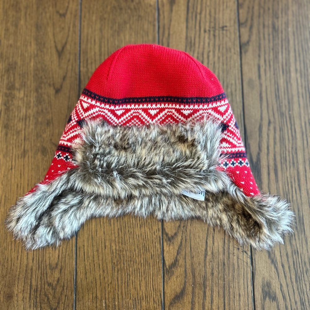 Janie and Jack red knit Fair Isle trapper hat with faux fur lining.
